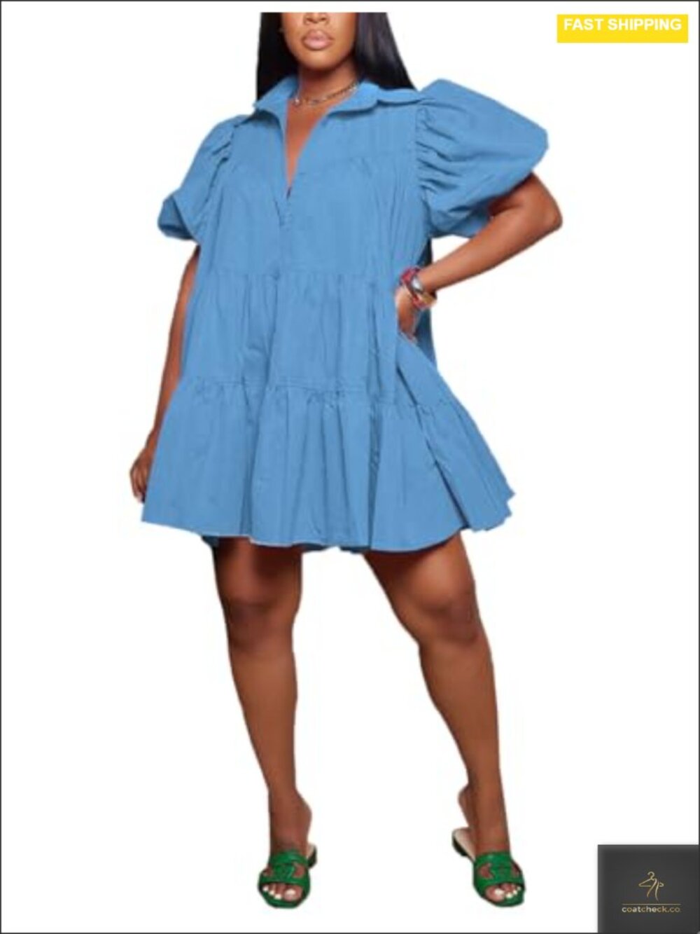 Women's Babydoll Dress Pleated Puff Sleeve Ruffle Hem Button Down V-Neck